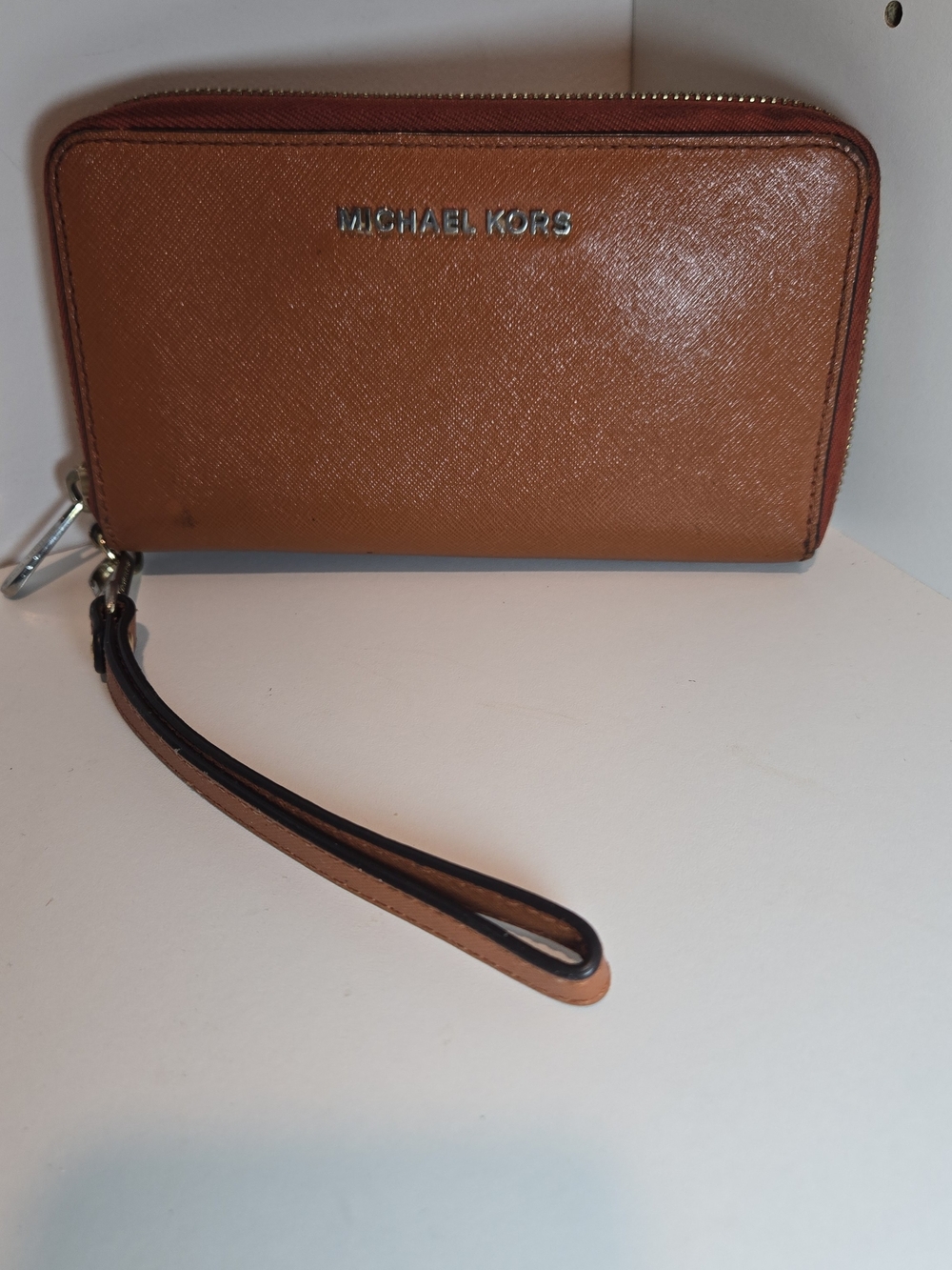 Michael Kors Cognac Leather Zip Wristlet with Detachable Strap